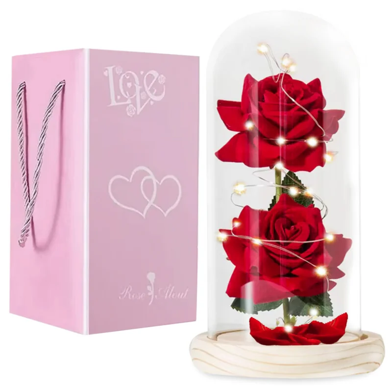 Wieczna Róża w szkle z podświetleniem LED 2x Róża z pełnymi pąkami Czerwona