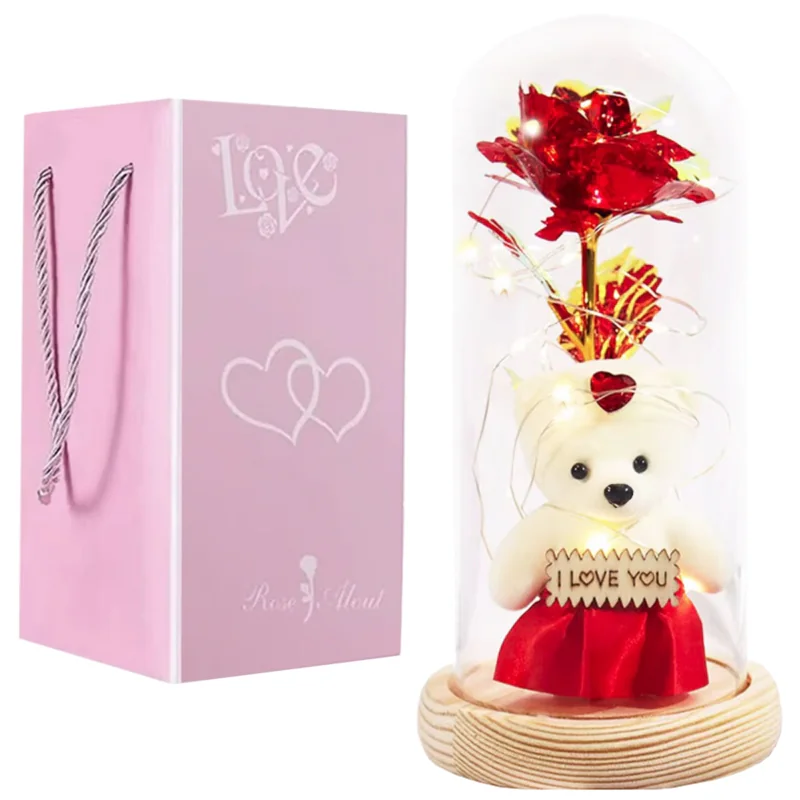 Wieczna Róża w szkle z Misiem "I love you" oświetlenie LED