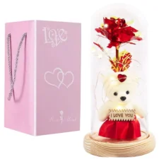 Wieczna Róża w szkle z Misiem "I love you" oświetlenie LED