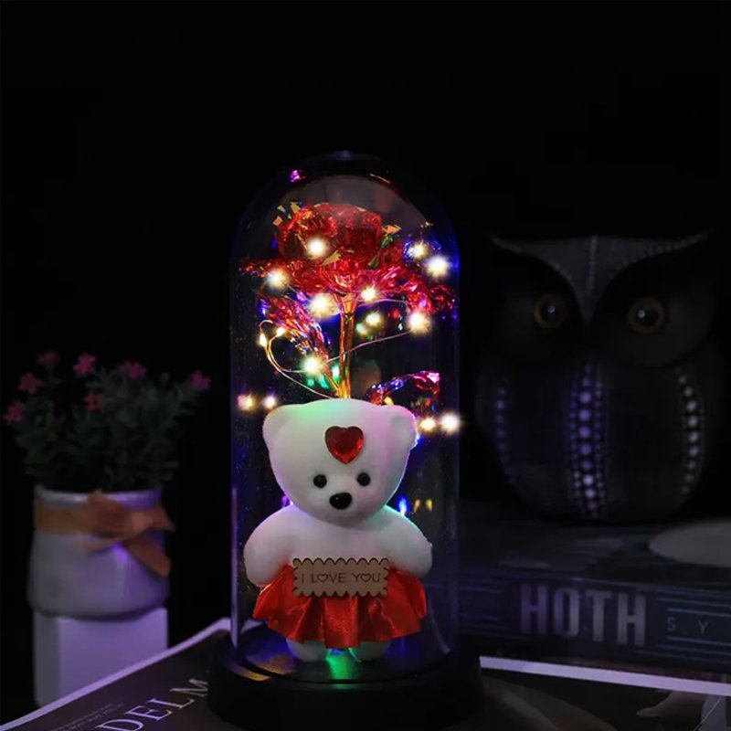 Wieczna róża w szkle świecąca LED + Miś