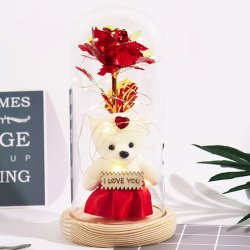 Wieczna róża w szkle świecąca LED + Miś