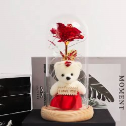 Wieczna róża w szkle świecąca LED + Miś