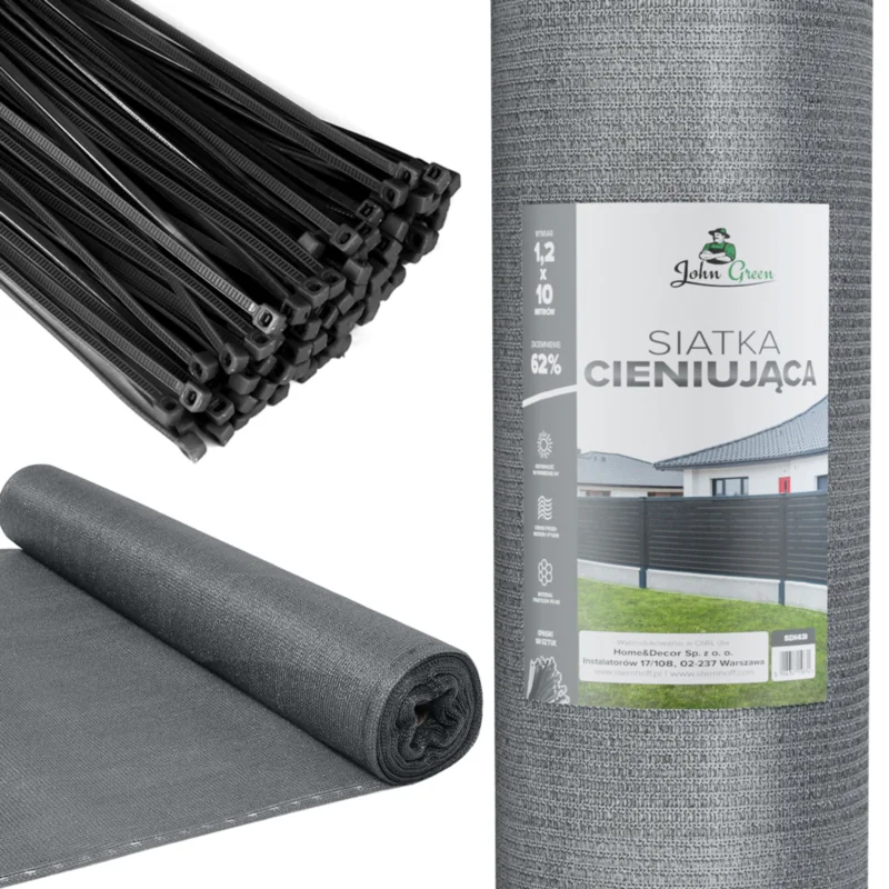 Siatka cieniująca na ogrodzenie masująca 62% 1,2x10m Szary + Opaski
