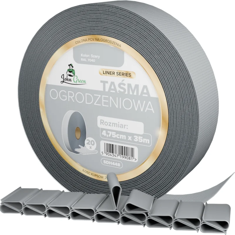 Taśma ogrodzeniowa do paneli ogrodzeniowych 4,75cm x 35m 450g/m2 Szary + 20 Klipsów