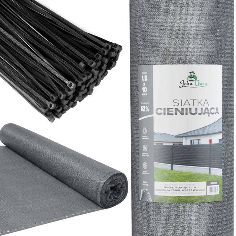 Siatka cieniująca na ogrodzenie masująca 62% 1,5x10m Szary + Opaski