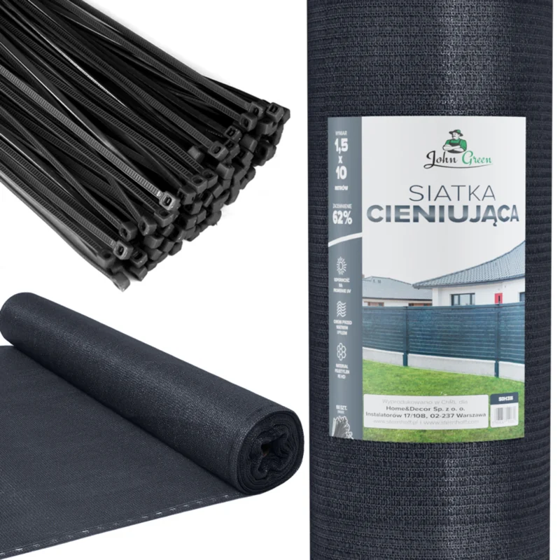 Siatka cieniująca na ogrodzenie masująca 62% 1,5x10m Grafitowy + Opaski