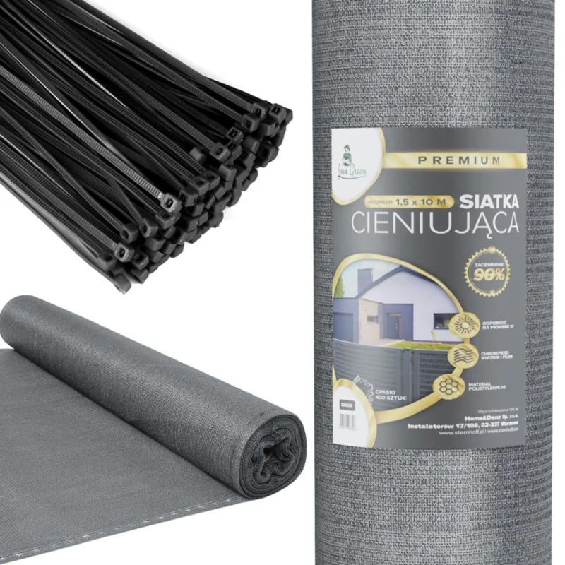Siatka cieniująca na ogrodzenie masująca 90% 1,5x10m Szary + Opaski