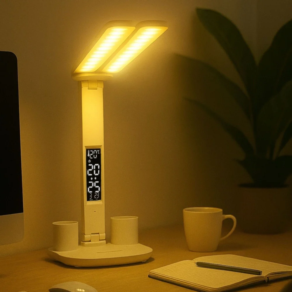 Podwójna lampka biurkowa z wyświetlaczem organizer