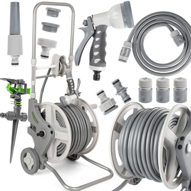 Wózek ogrodowy + Wąż ogrodowy 50m 1/2" + Pistolet do podlewania + Zraszacz ręczny + Zraszacz wbijany + Złączki i adaptery