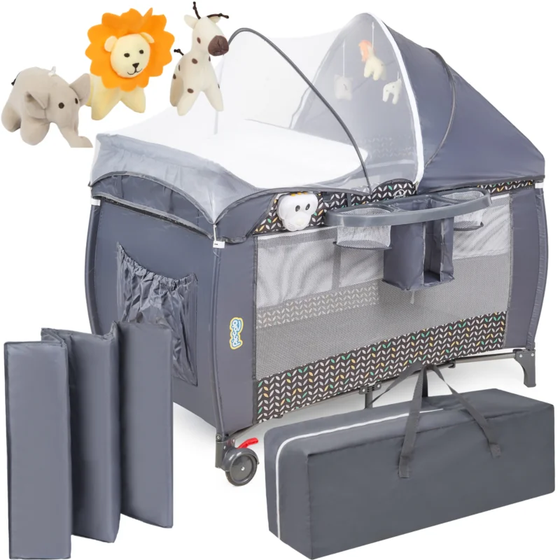 Łóżeczko turystyczne kojec dla dziecka z przewijakiem Szare + Dodatki