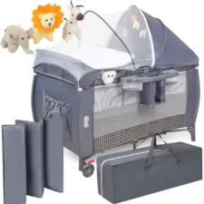 Łóżeczko turystyczne kojec dla dziecka z przewijakiem Szare + Dodatki