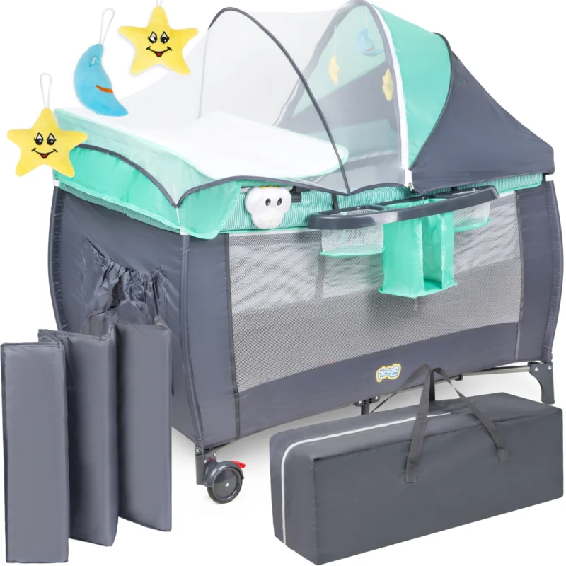 Łóżeczko turystyczne kojec dla dziecka z przewijakiem i moskitierą Miętowe + Dodatki