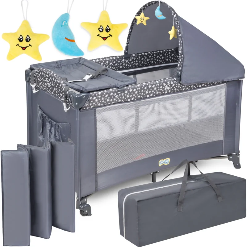 Łóżeczko turystyczne kojec dla dziecka z przewijakiem i daszkiem Szare + Dodatki