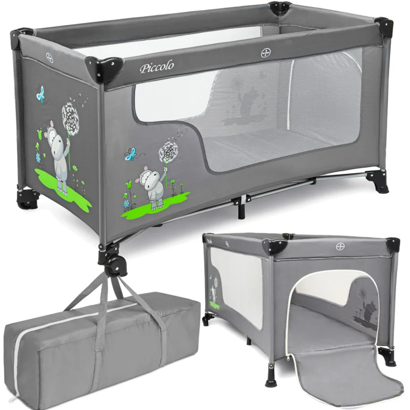 Łóżeczko turystyczne dziecięce składane z kółkami Szare z Hipopotamem + Torba