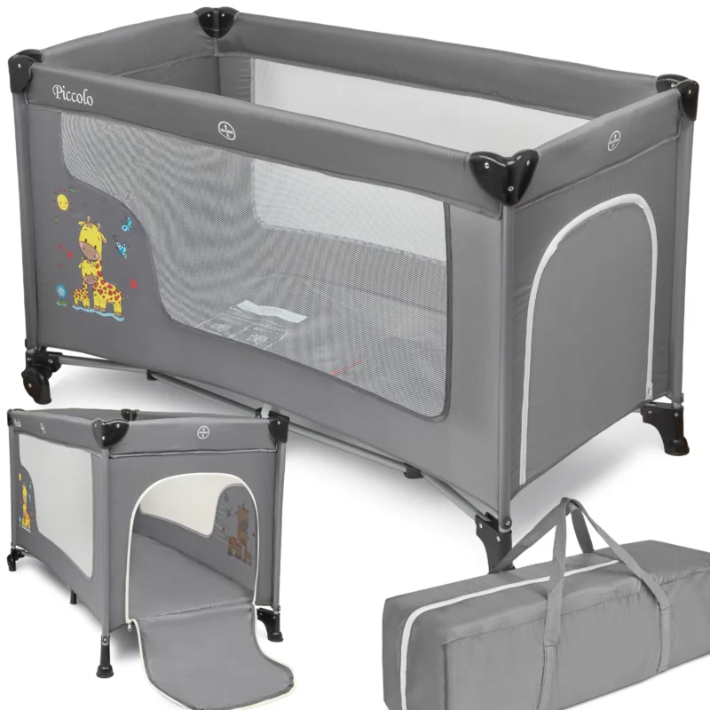 Łóżeczko turystyczne dziecięce składane z kółkami Szare z Żyrafą + Torba