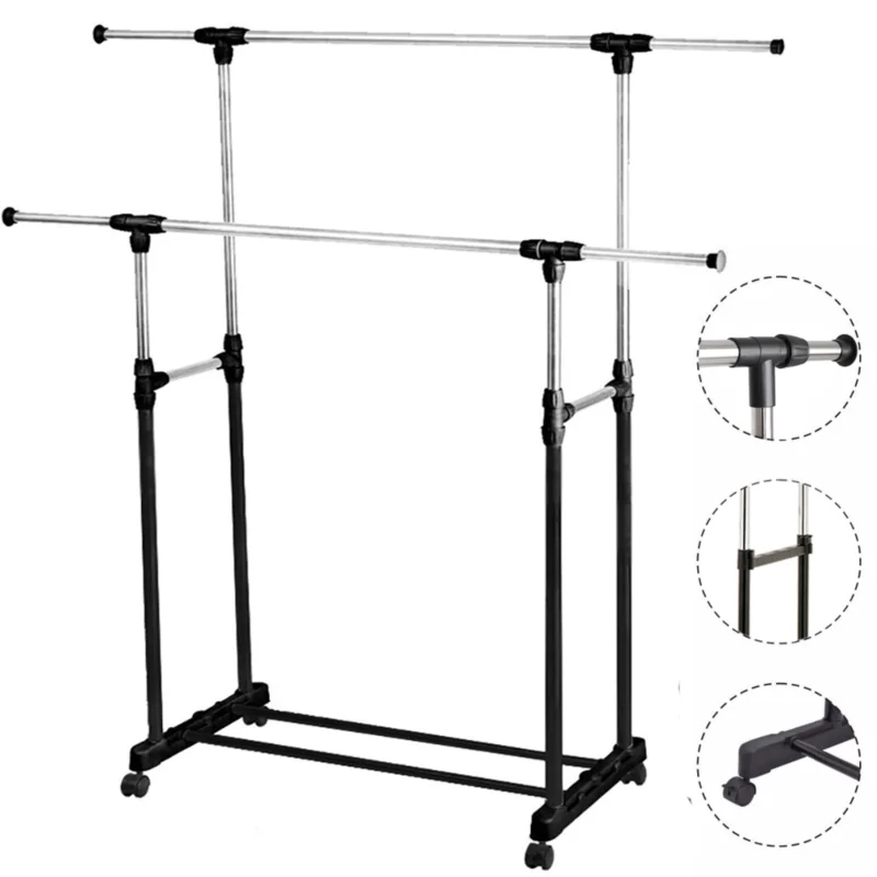 Wieszak na ubrania podwójny teleskopowy z kółkami + półka na buty