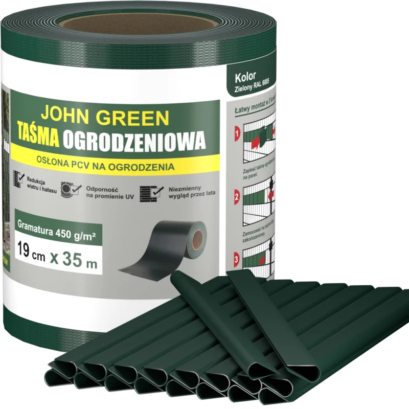 Taśma ogrodzeniowa do paneli ogrodzeniowych 19cm x 35m 450g/m2 Ciemny Zielony + 20 Klipsów