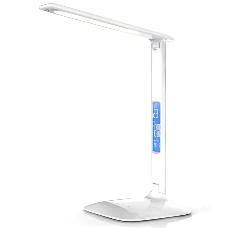 Lampka na biurko LED z regulacją światła, wyświetlaczem i ładowarką USB oraz bezprzewodową Qi Biała