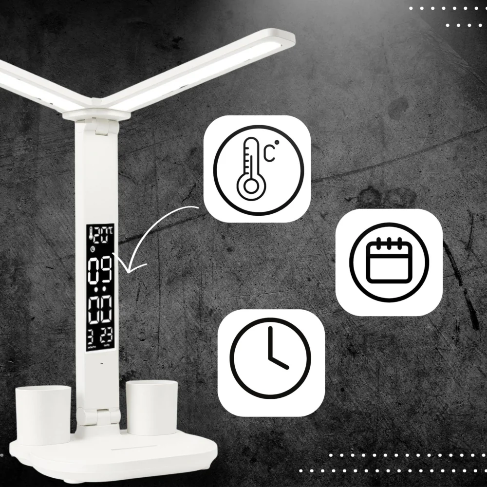 Lampka biurkowa podwójna LED z wyświetlaczem i regulacją światła Lampka biurkowa podwójna LED z wyświetlaczem i regulacją światła