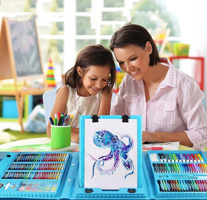 Zestaw artystyczny dla dzieci do malowania i rysowania 208 elementów Niebieski + Walizka