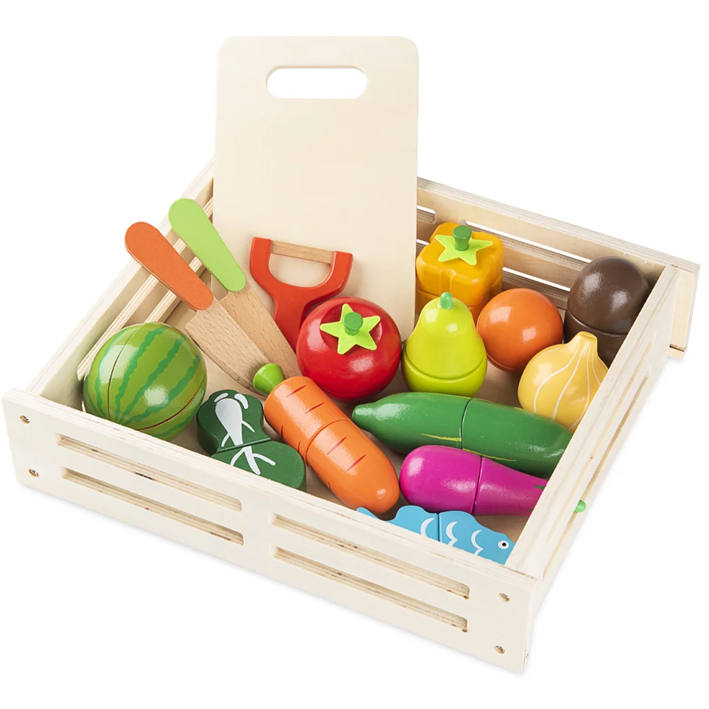 Zestaw drewnianych Owoców i Warzyw do krojenia z magnesem + Tacka + Nożyk + Obieraczka