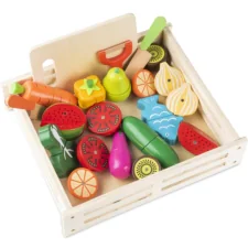 Zestaw drewnianych Owoców i Warzyw do krojenia z magnesem + Tacka + Nożyk + Obieraczka