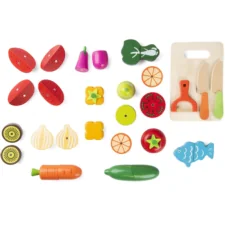 Zestaw drewnianych Owoców i Warzyw do krojenia z magnesem + Tacka + Nożyk + Obieraczka