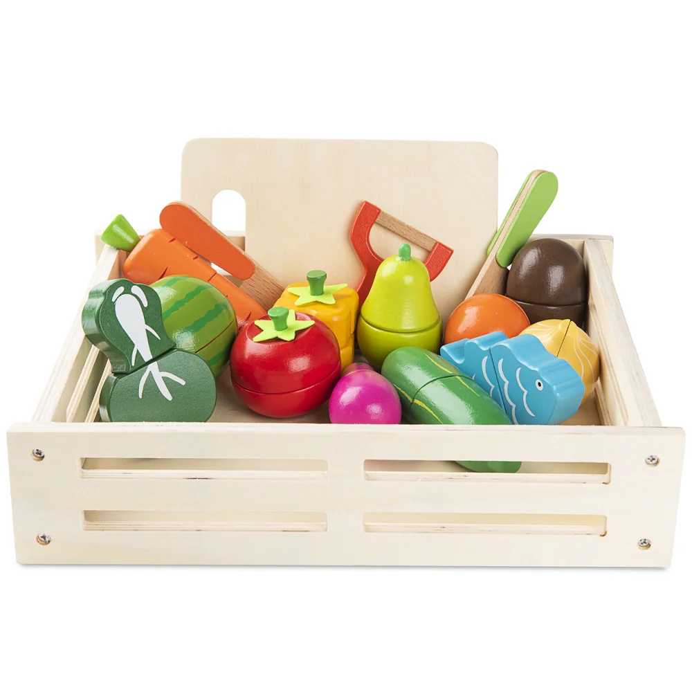 Zestaw drewnianych Owoców i Warzyw do krojenia z magnesem + Tacka + Nożyk + Obieraczka