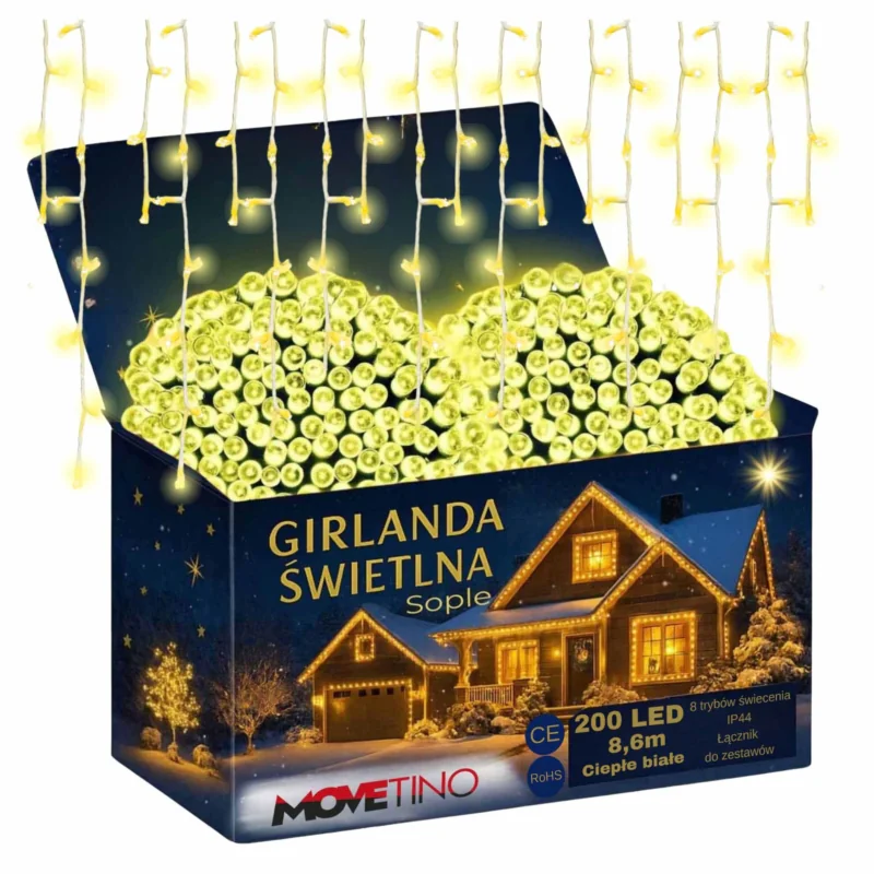 Sople lampki zewnętrzne 200LED 7,5m IP44 Biały Ciepły
