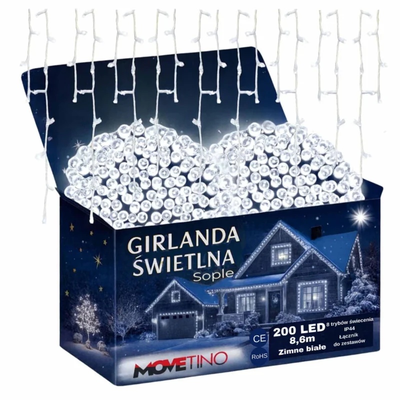 Sople lampki zewnętrzne 200LED 7,5m IP44 Biały Zimny