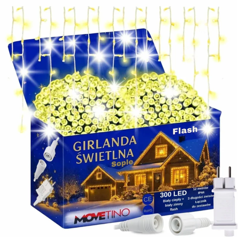 Sople lampki świąteczne zewnętrzne IP44 12m 300LED Biały Ciepły + FLASH Zimny