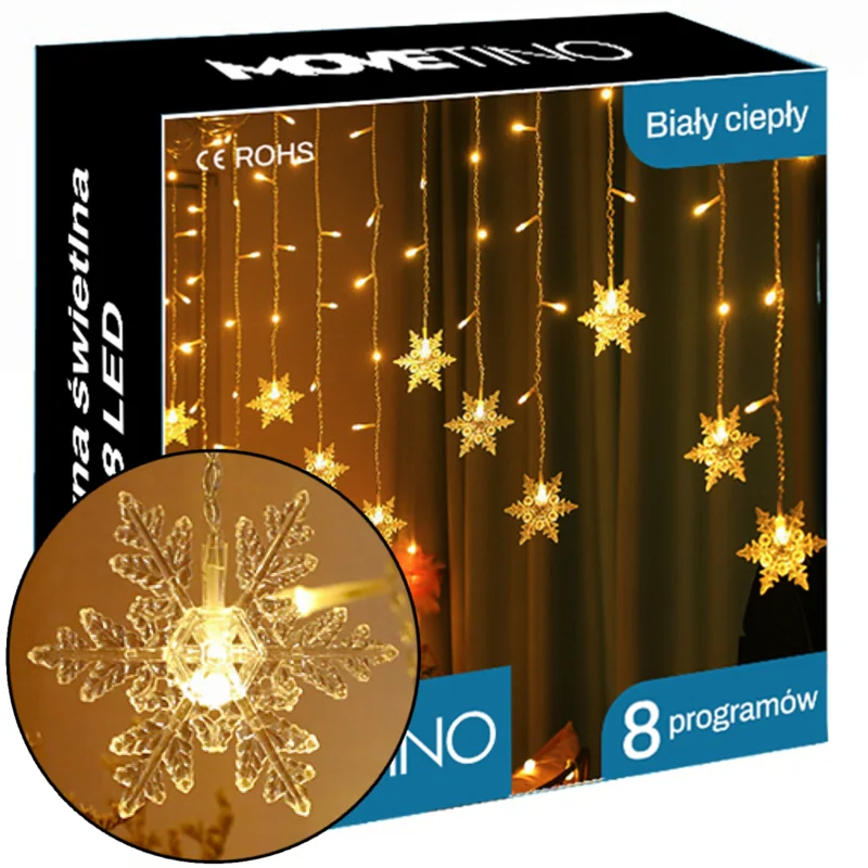 Kurtyna świetlna lampki świąteczne LED w Płatki Śniegu 120LED IP44 Biały Ciepły