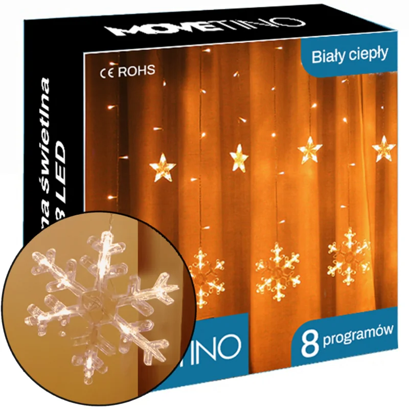 Kurtyna świetlna lampki świąteczne LED w Śnieżynki 120LED IP44 Biały Ciepły