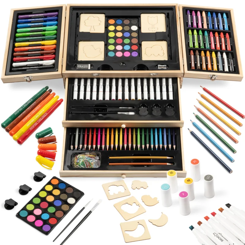 Zestaw artystyczny dla dzieci do malowania i rysowania 196 elementów + Drewniana Walizka