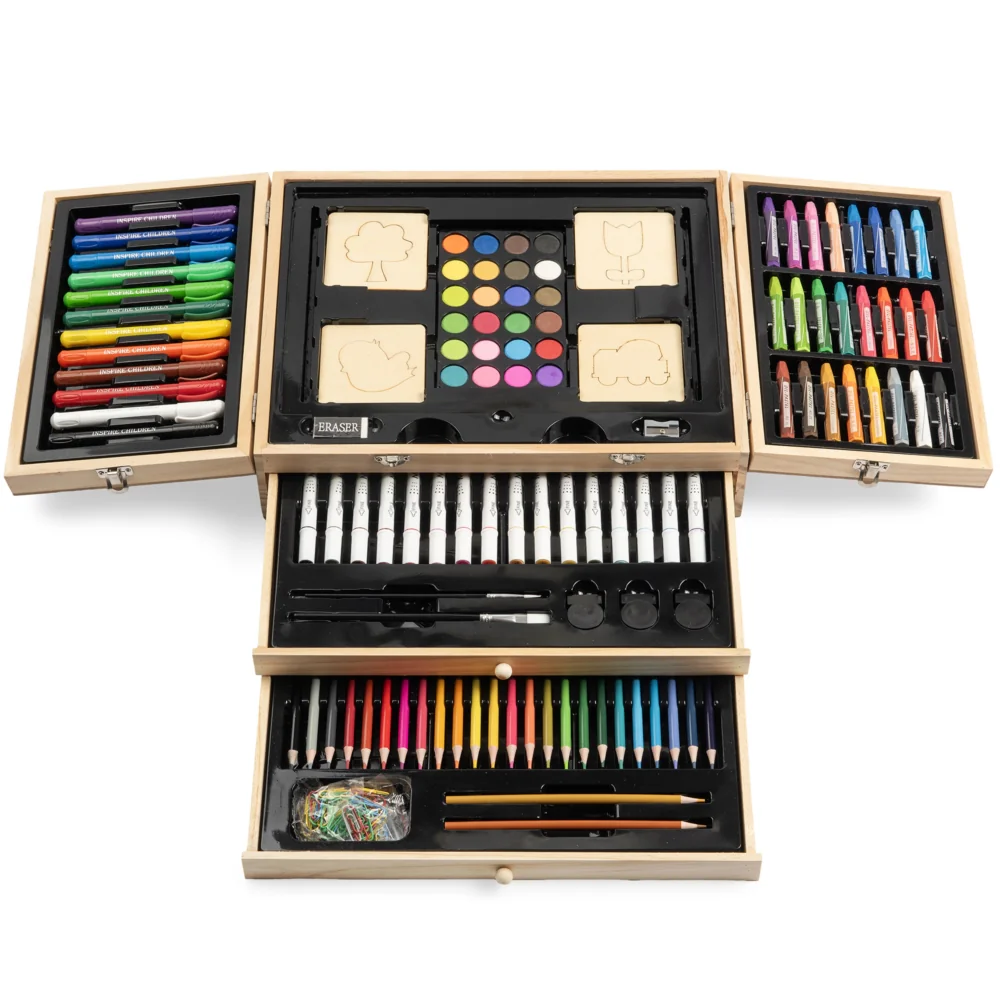 Zestaw artystyczny dla dzieci do malowania i rysowania 196 elementów + Drewniana Walizka