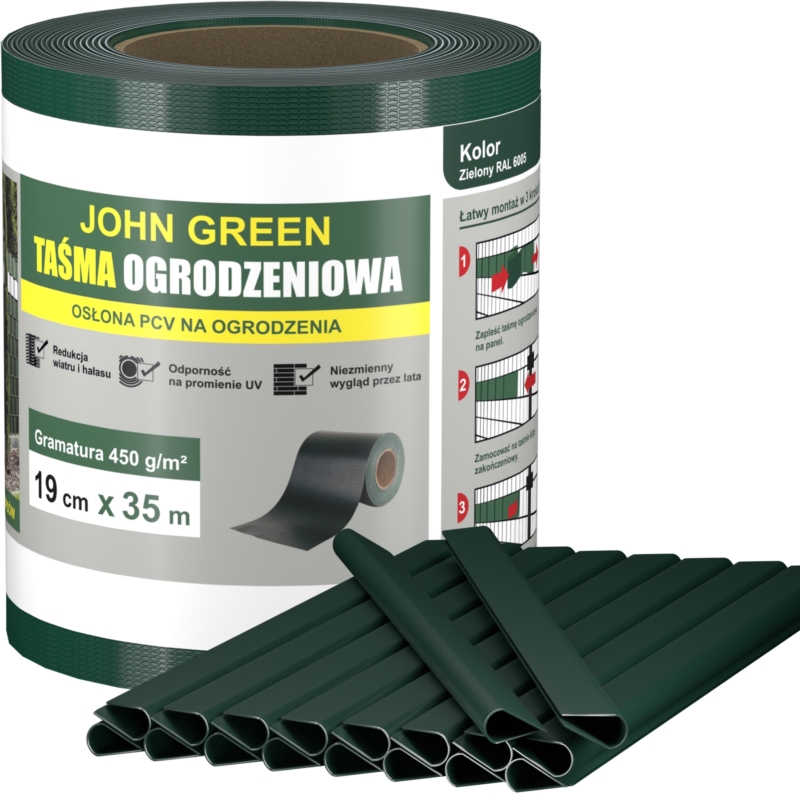 Taśma ogrodzeniowa do paneli ogrodzeniowych 19cm x 35m 450g/m2 Ciemny Zielony + 20 Klipsów