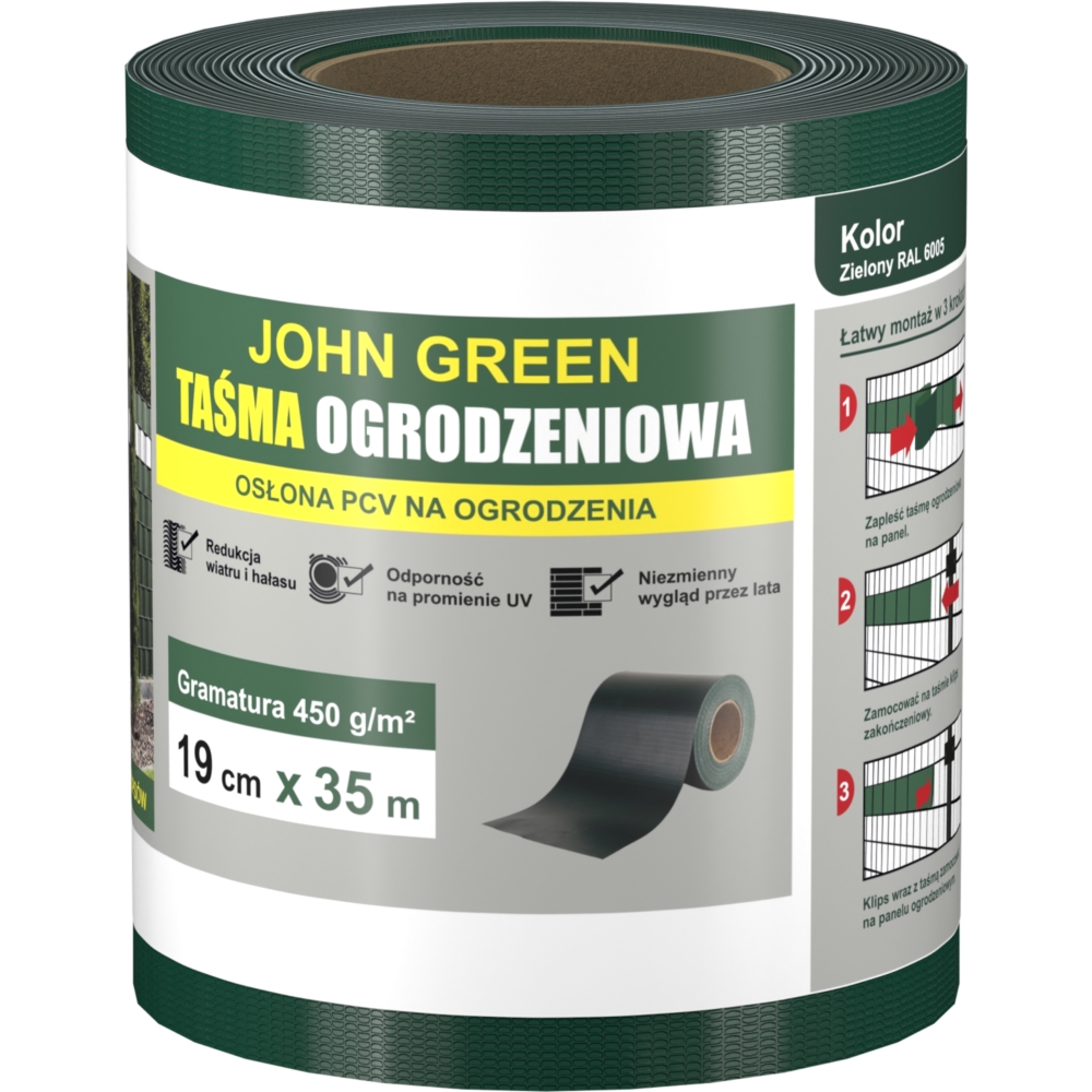 Taśma ogrodzeniowa do paneli ogrodzeniowych 19cm x 35m 450g/m2 Ciemny Zielony + 20 Klipsów