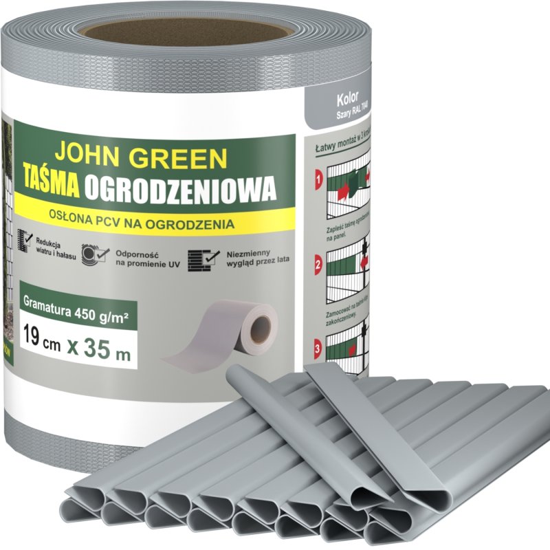 Taśma ogrodzeniowa 19cm x 35m + 20 klipsów Szary
