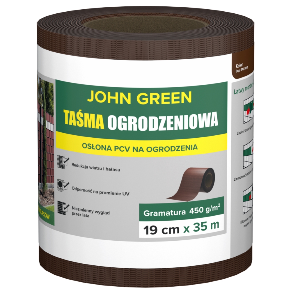 Taśma ogrodzeniowa do paneli ogrodzeniowych 19cm x 35m 450g/m2 Ciemny Brązowy + 20 Klipsów