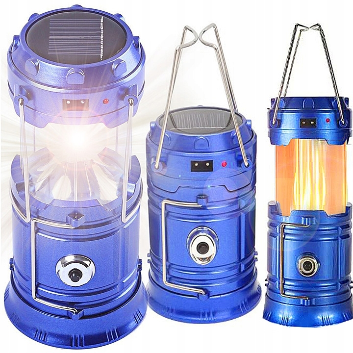 Lampa solarna latarka na biwak Płomień 3w1 Niebieska