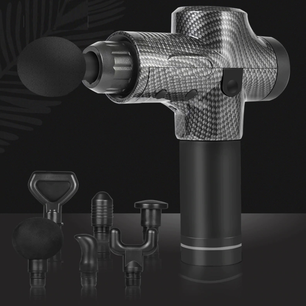 Masażer pistolet masujący wibracyjny CARBON GUN + Końcówki