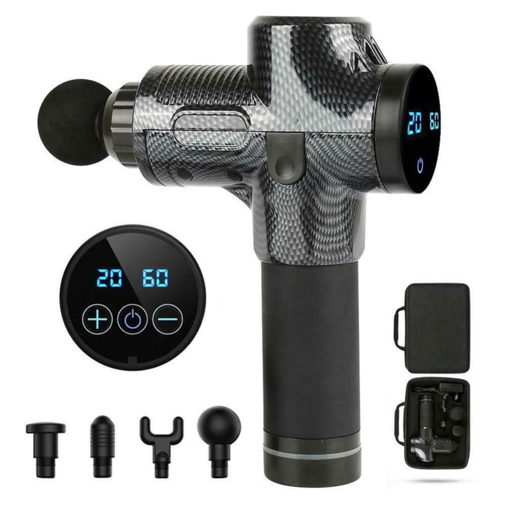 Masażer pistolet masujący wibracyjny CARBON GUN + Końcówki