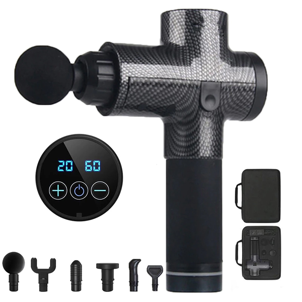 Masażer pistolet masujący wibracyjny CARBON GUN + Końcówki