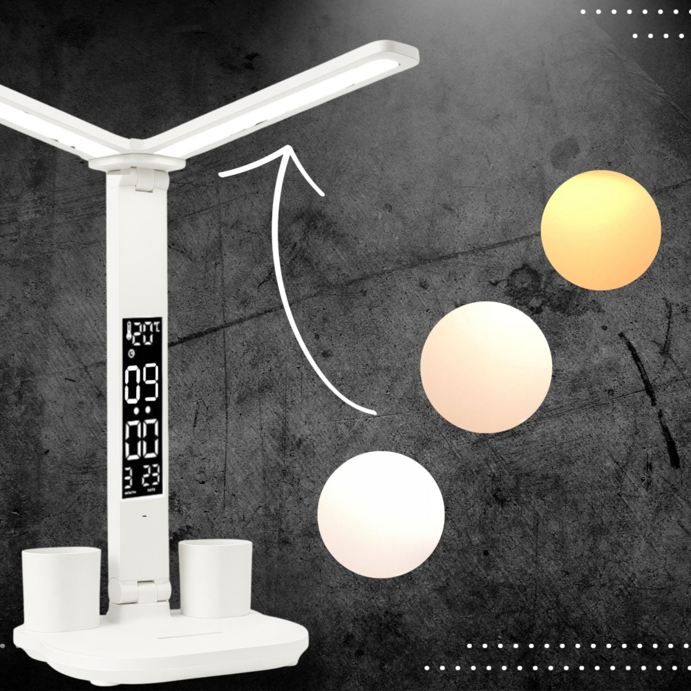 Lampka biurkowa podwójna LED z wyświetlaczem i regulacją światła