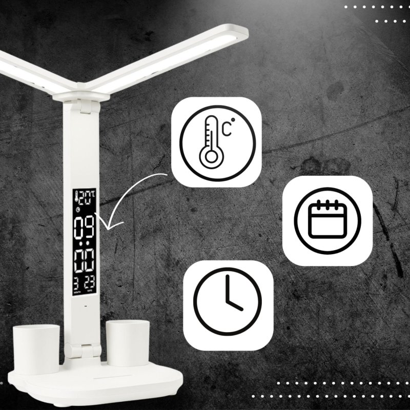 Podwójna lampka biurkowa z wyświetlaczem organizer