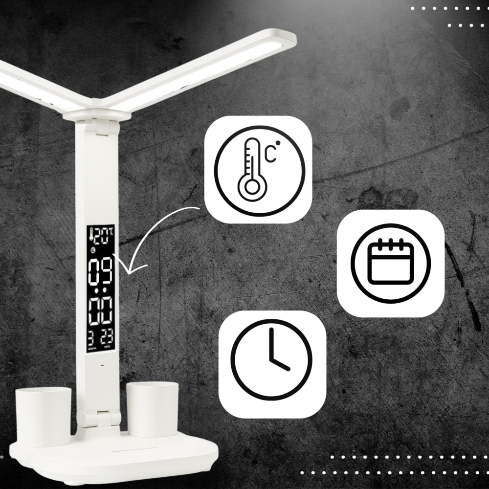 Lampka biurkowa podwójna LED z wyświetlaczem i regulacją światła
