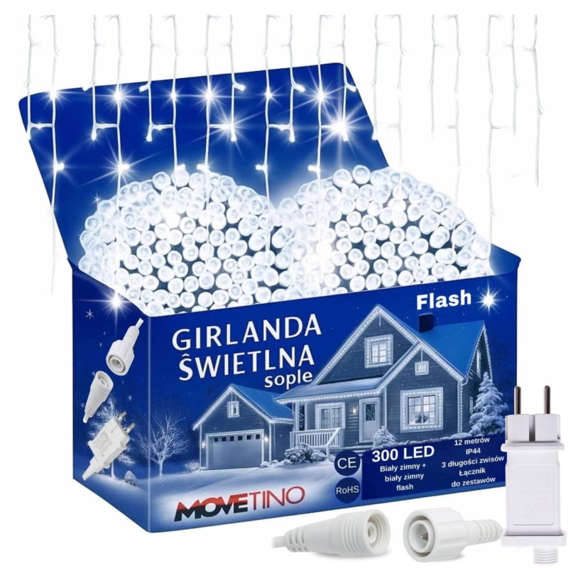 Sople lampki świąteczne zewnętrzne IP44 12m 300LED Biały Zimny + FLASH Zimny