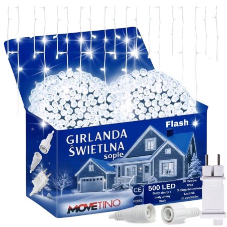 Sople lampki świąteczne zewnętrzne IP44 20m 500LED Biały Zimny + FLASH Zimny
