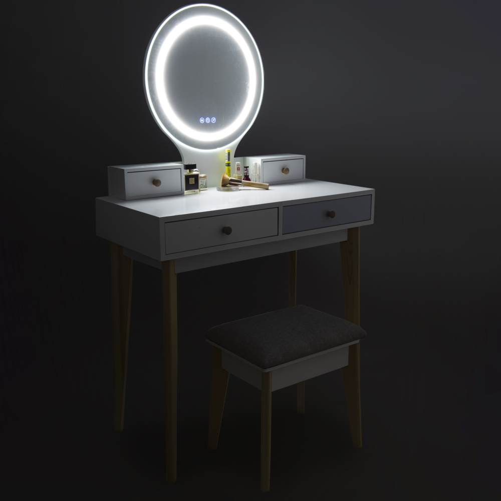Toaletka kosmetyczna z lustrem i oświetleniem LED + Taboret
