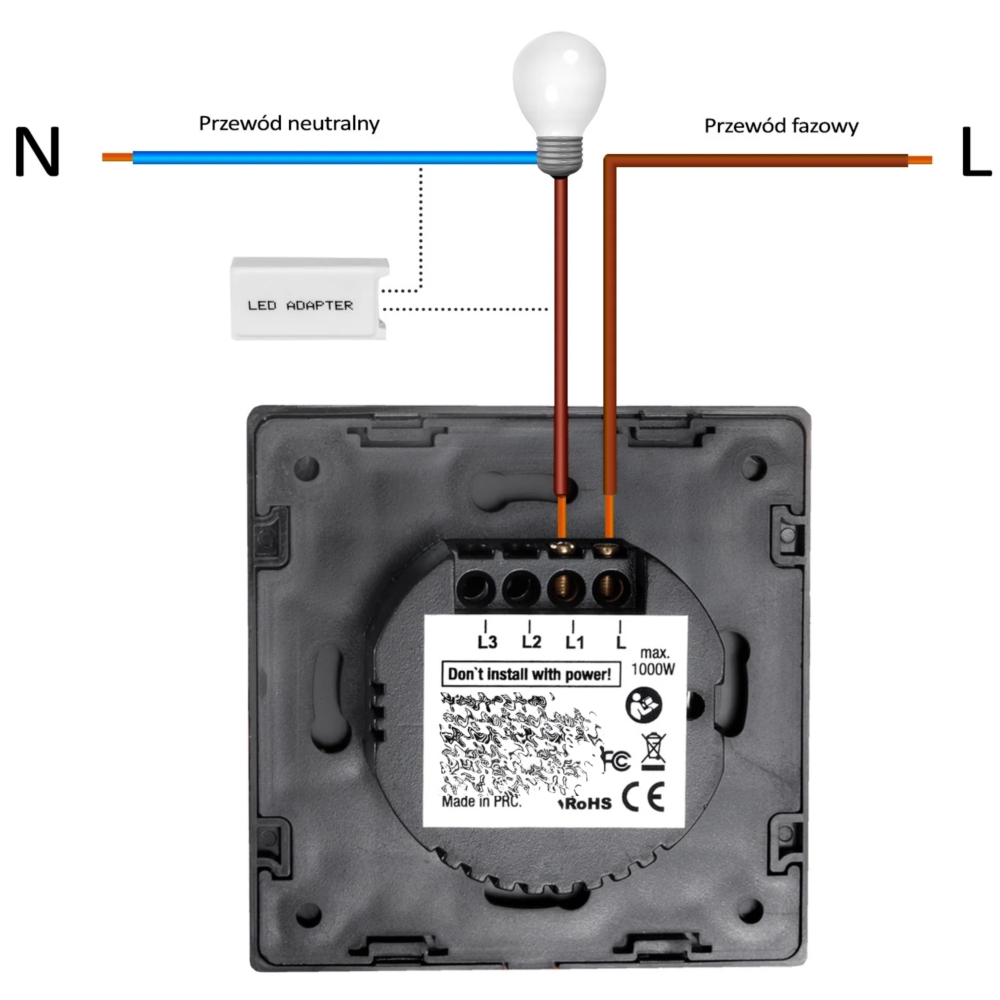 Włącznik światła szklany, dotykowy podwójny Czarny